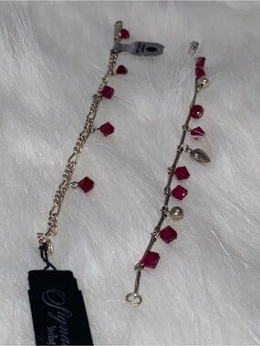 NWT Sterling Silver .925 Diamond Cut Figaro Chain Red Crystal Bracelet Set